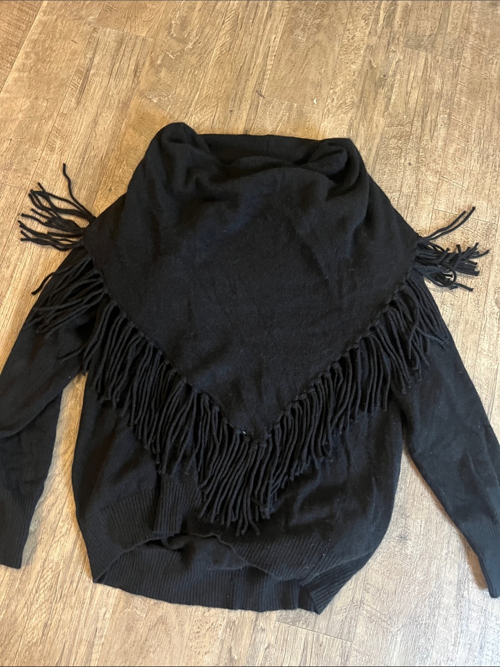 Black Fringe Shawl Collar Women's Sweater
